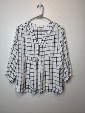 Wrangler Black and White Plaid Babydoll Blouse 3/4 Sleeve V-Neck Size Medium